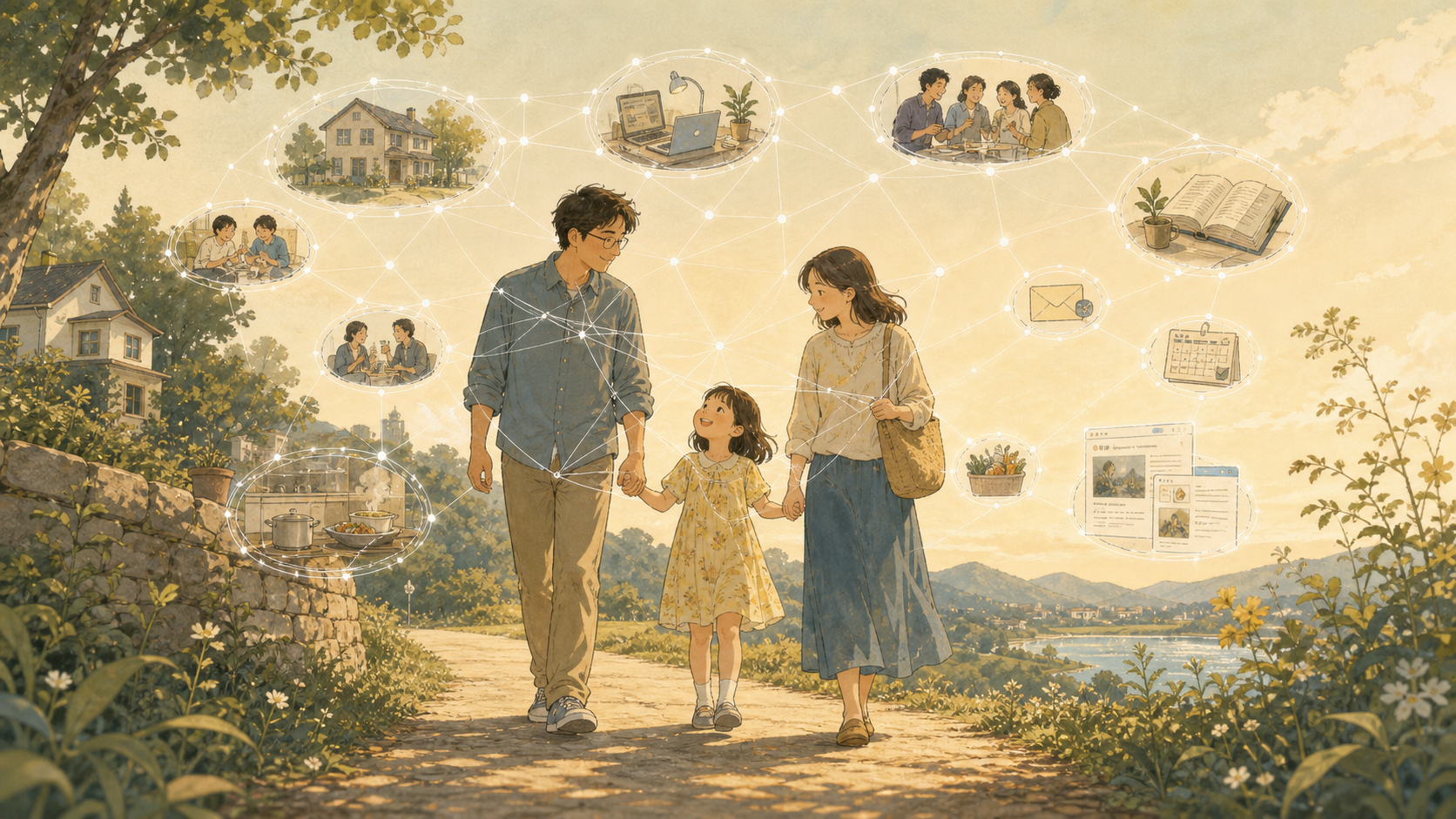 一家三口走在关系之网中的路上